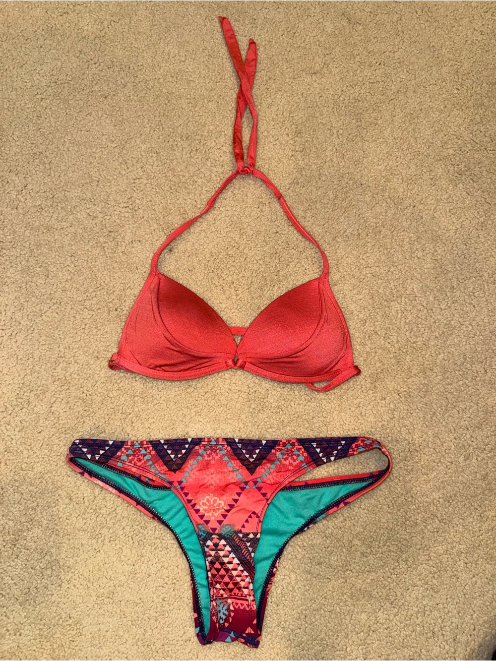 B. Swim Coral Halter Bikini Top with Turquoise & Multicolor Printed Bottom
